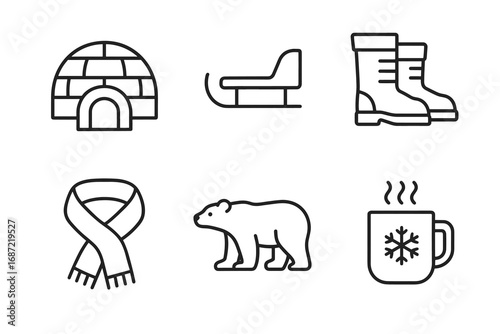 Winter icons: igloo sled boots scarf polar bear hot drink