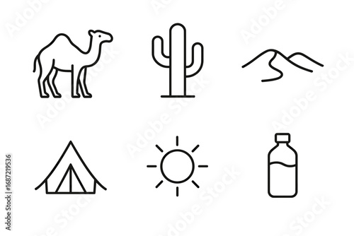 Simple desert icons featuring camel, cactus, dunes, tent, sun, and water bottle