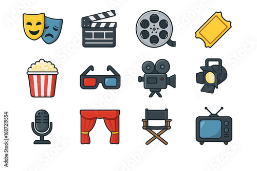 Cinema and theater icons: comedy, camera, film reel, ticket, popcorn, 3d glasses, spotlight