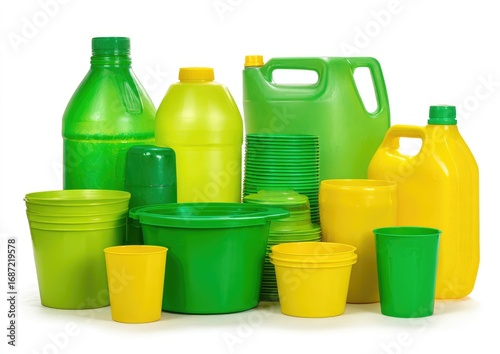 Assorted plastic containers in vibrant green and yellow