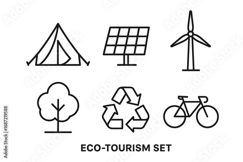 Eco-tourism icons: camping, solar panel, wind turbine, tree, recycling, bicycle