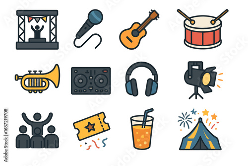 Festival icons: music microphone guitar drums trumpet dj headphones lights tent