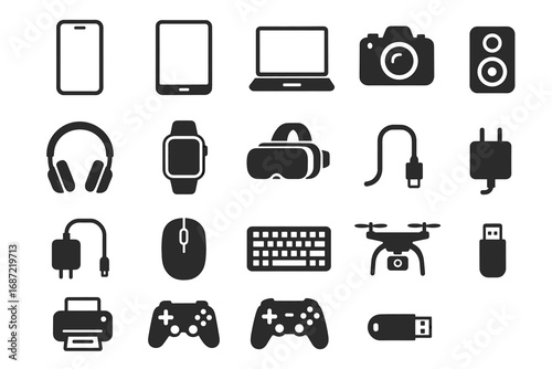 Assorted electronic device icons: smartphone, tablet, laptop, camera, and more