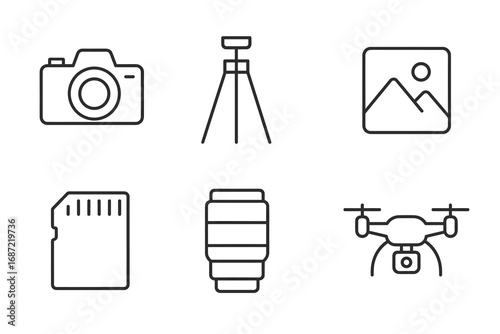 Photography equipment icons: camera, tripod, memory card, drone, lens, photo