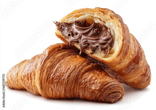Two croissants, stacked, filled with chocolate hazelnut spread.  Golden-brown pastry, flaky layers, open halves revealing spread.  Close-up, isolated on white