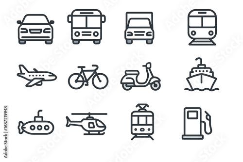 Outline icons of various transportation modes including car, bus, train, and bicycle