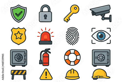 Security and safety icons set featuring locks, alarms, and surveillance equipment
