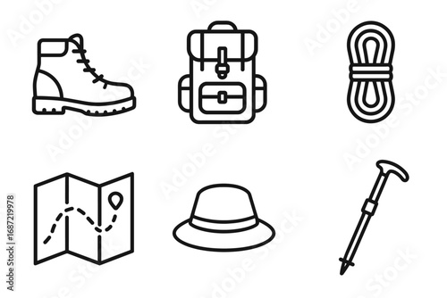 Outdoor adventure icons: boots, backpack, rope, map, hat, hiking pole