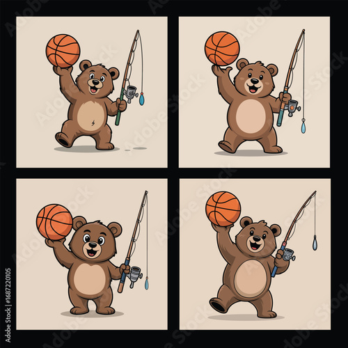 Brown bear holding basketball and fishing rod orange