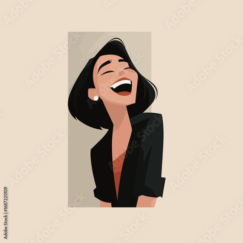 A woman expresses joy with a bright smile and a joyful laugh. Her sleek short haircut complements her confident demeanor. The background is minimal, enhancing her vibrant personality.