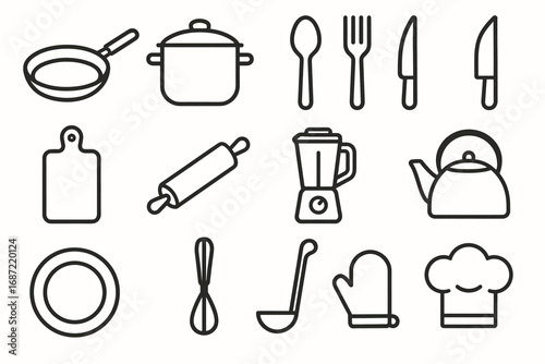 Simple kitchen utensil icons set with frying pan, pot, and cutlery illustration