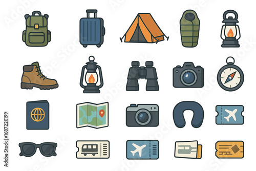 Collection of travel and camping equipment icons in flat style