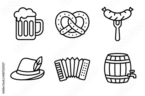 Oktoberfest icons: beer, pretzel, sausage, hat, accordion, barrel symbols