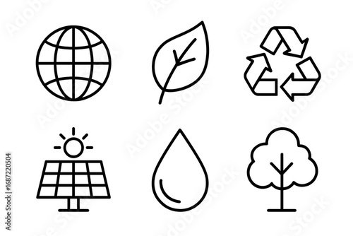 Eco-friendly outline icons: globe, leaf, recycle, solar, water, tree