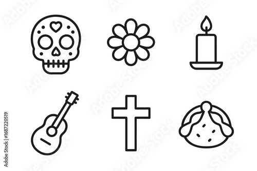 Day of the dead line art: skull, flower, candle, guitar, cross, bread
