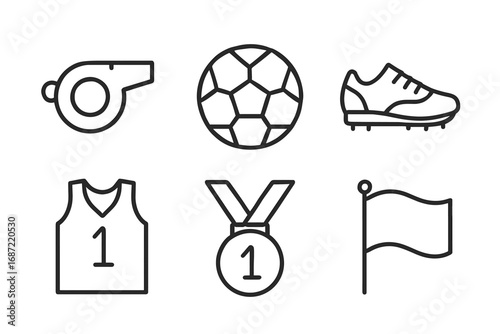 Sports equipment icons: whistle, soccer ball, cleats, jersey, medal, flag