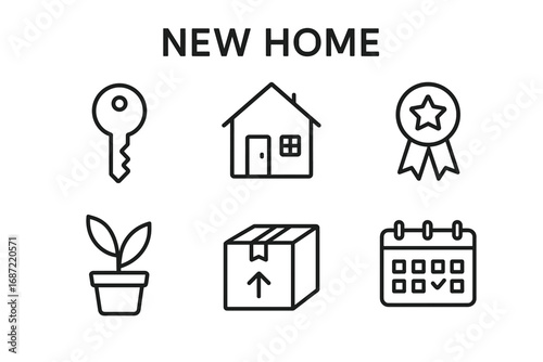 New home icons: key, house, award, plant, box, calendar