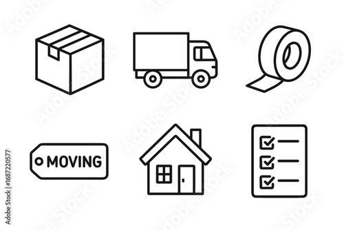 Moving essentials: box, truck, tape, label, house, checklist icons