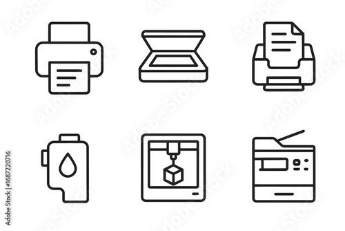 Set of printer and office device icons in minimalist line style