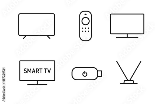 Minimalist icons set depicting tv, remote control, and streaming devices