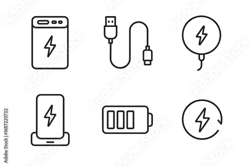 Charging devices and battery icons: power bank, cable, plug, wireless charger, battery indicator, recycle symbol