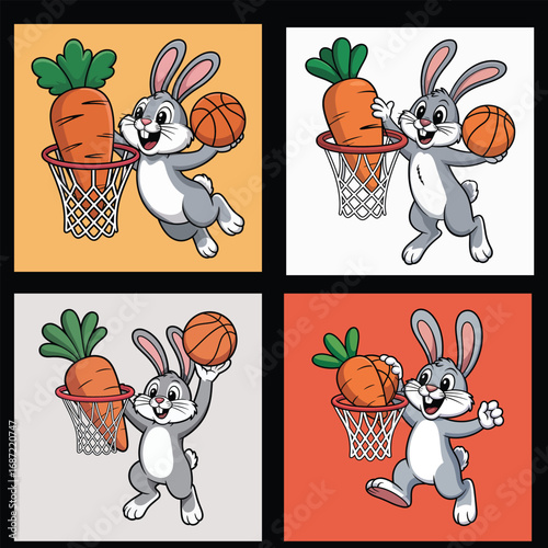 Cartoon rabbit playing basketball with carrot bunny