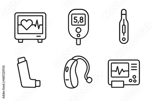 Medical devices icons: heart monitor, glucometer, thermometer, inhaler, hearing aid, ecg machine