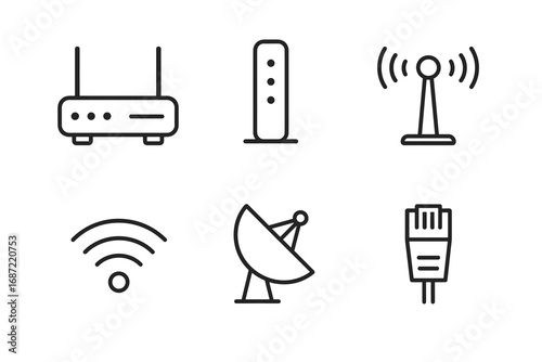 Set of internet connection icons: router, modem, antenna, wifi, satellite, ethernet