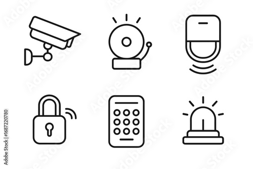 Security system icons: camera, alarm bell, sensor, lock, keypad, siren