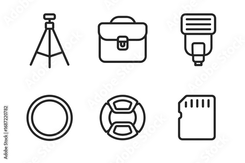 Essential photography gear icons: tripod, bag, flash, lens, adapter, memory card