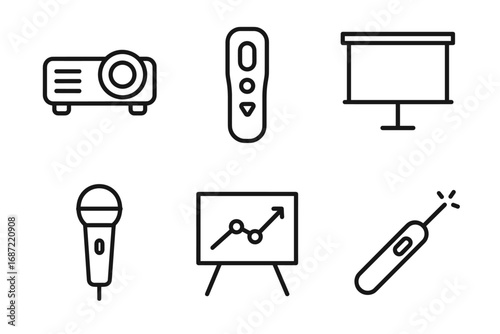 Presentation equipment icons: projector, remote, screen, microphone, chart, pointer