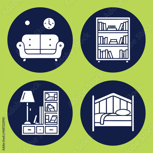 Set of Four Furniture Icons on Color Background – Sofa, Bed, Bookshelf, and Building Outline