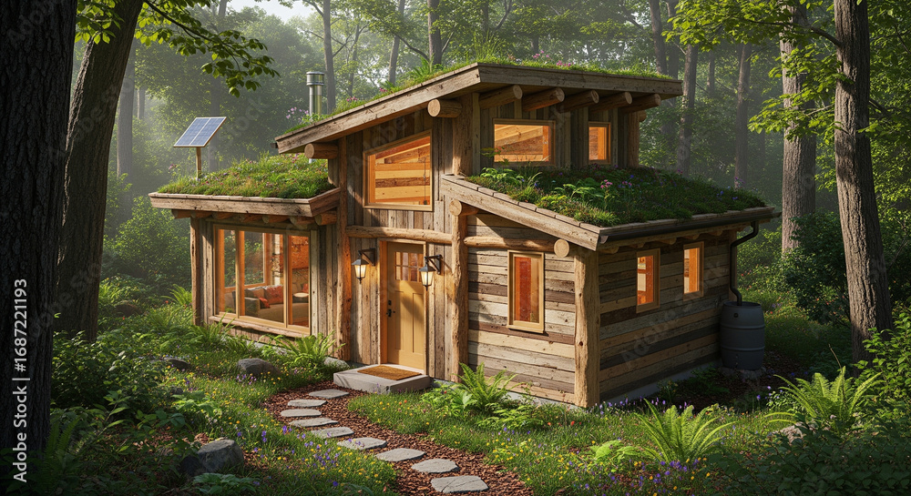 Naklejka premium A cozy, eco-friendly wooden cabin with a green roof and solar panel is nestled peacefully in a dense forest.