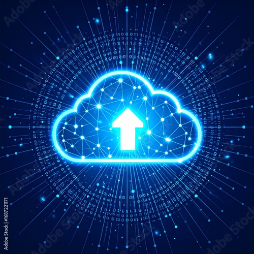 Wallpaper Mural Glowing cloud with upward arrow represents data transfer and storage in a digital network, symbolizing connectivity and modern technology. Torontodigital.ca