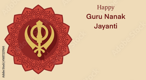 Happy Guru Nanak Jayanti greeting card with symbol on background  