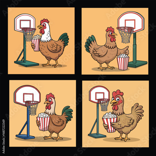 Chickens with popcorn by basketball hoop rooster striped bucket