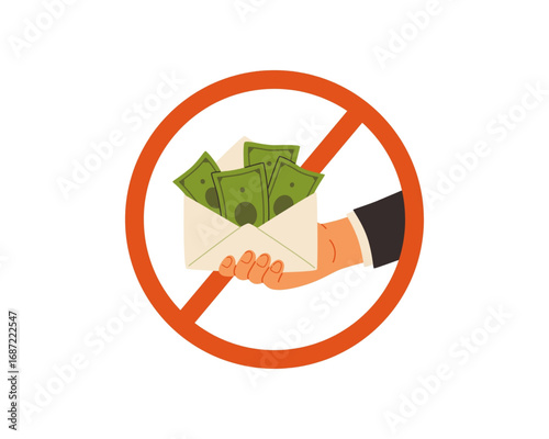 Anti-bribery and corruption illustration with a hand offering an envelope of cash within a prohibition sign