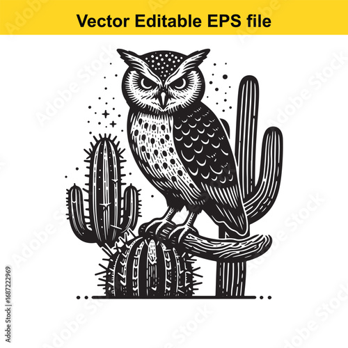 An owl perched on a cactus in a desert landscape, isolated on white background