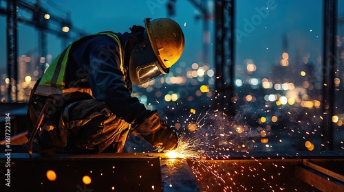 Welder working at night with sparks flying on a construction site.