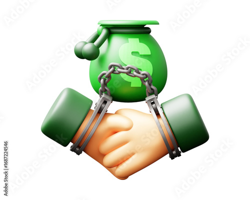 Money, Corruption, and Deals A 3D Illustration of Handcuffed Hands Holding a Money Bag