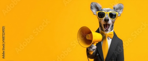 The stylish dog wearing sunglasses and a bowtie with a megaphone.