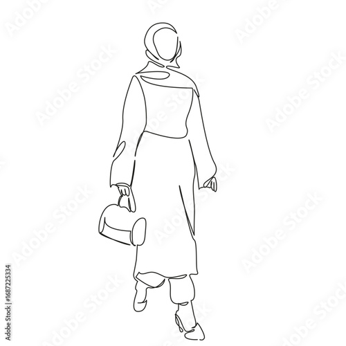 One continuous single drawing line art flat doodle person, woman, businesswoman, adult, business, headscarf, office, female, islam, muslim. Isolated image hand draw contour on a white background, hand