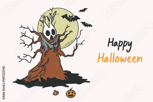 Spooky Halloween Tree Illustration with Pumpkins and Bats. Halloween-themed illustration featuring a haunting tree with a face, pumpkins, and flying bats under a pale moon. Perfect for holiday 