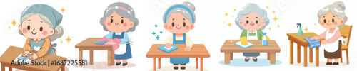 vector of a grandmother wiping a dirty table