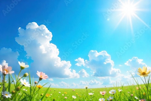 Azure sky, fluffy white clouds, bright sunlight, idyllic summer scene Perfect for travel, weather, nature, and happiness themes Ideal for websites, brochures, and calendars , meteorology, nature