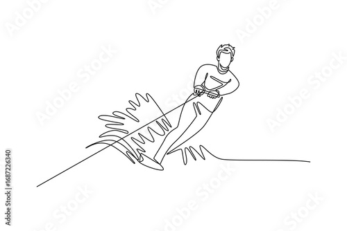 Single one line drawing professional male athlete carving wakeboarding turn. Athletic skill, balance, and thrilling freedom of the sport. Modern continuous line draw design graphic vector illustration