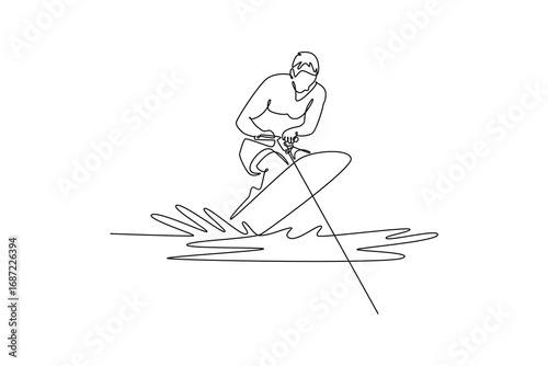 Single one line drawing young male athlete carving a wakeboarding turn. Athletic skill, balance, and the thrilling freedom of the sport. Modern continuous line draw design graphic vector illustration
