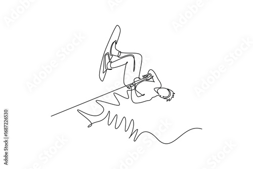 Single one line drawing sportsman performing a mid-air wakeboarding trick. Athletic skill, balance, and thrilling freedom of the sport. Modern continuous line draw design graphic vector illustration