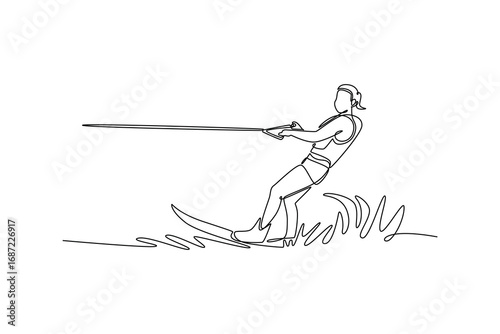 Continuous one line drawing female athlete wakeboarding on the water, being towed by a boat. Athletic skill, balance, thrilling motion of the sport. Single line draw design vector graphic illustration