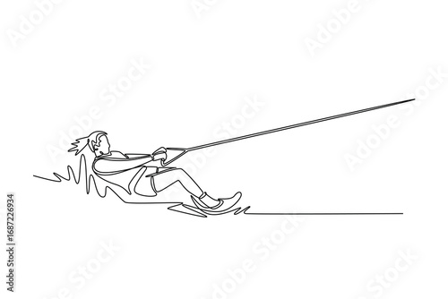 Continuous one line drawing female wakeboarding in low, dynamic stance on the water, being towed by boat. Athletic skill, balance, thrilling motion. Single line draw design vector graphic illustration